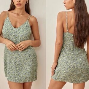 Reformation Ventura Green and Blue Floral Slip Mini Dress